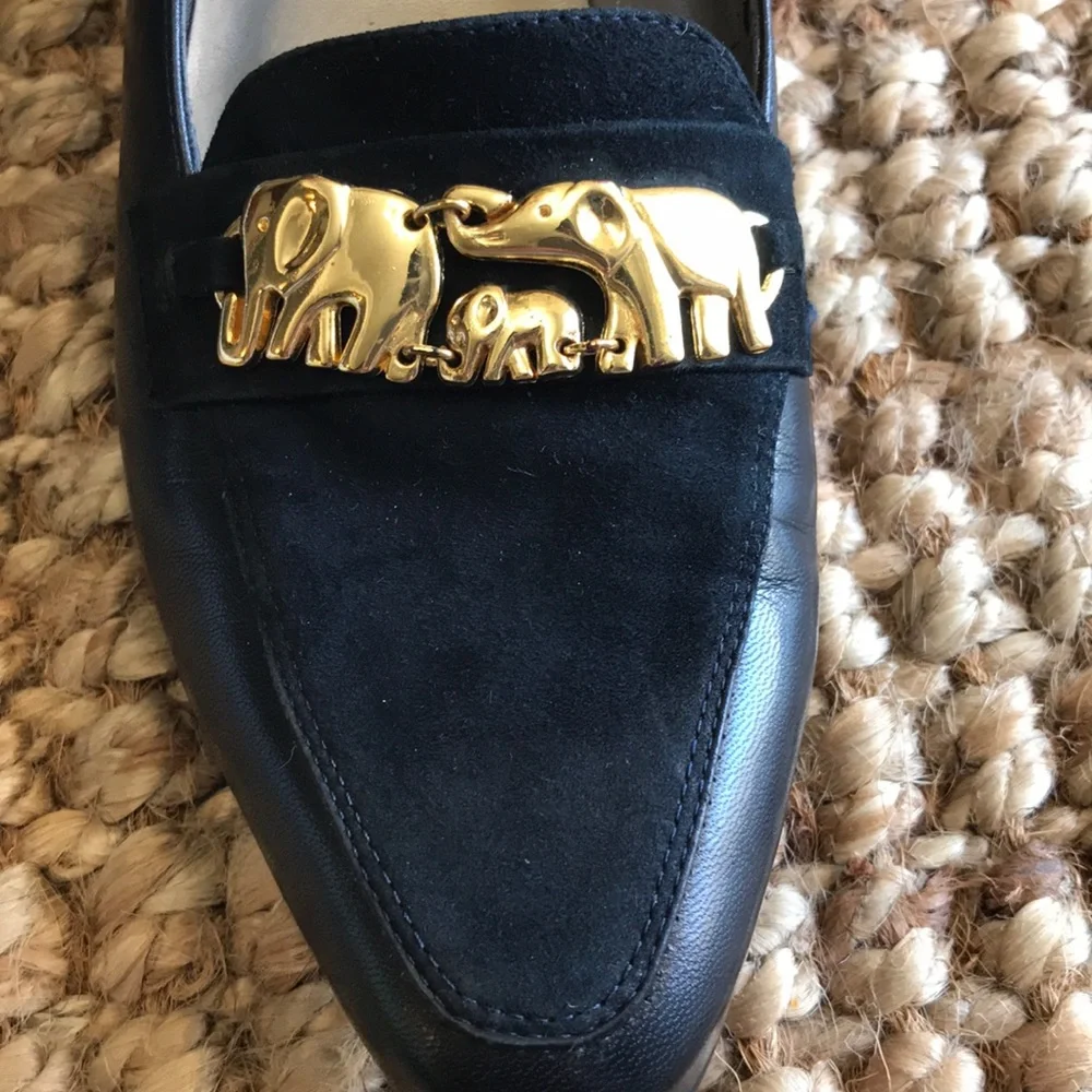 Vintage Navy and Gold Elephant Ros Hommerson Leather Loafers